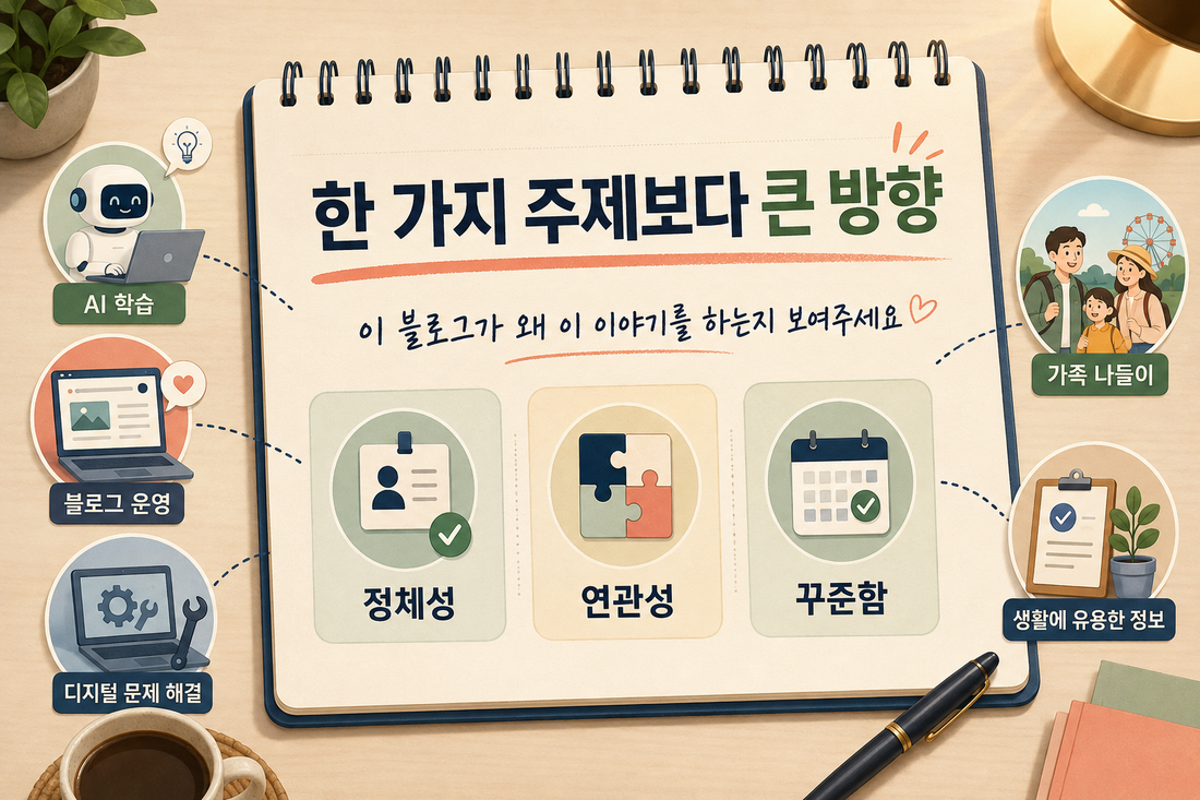 한 가지 주제보다 블로그의 큰 방향과 정체성 연관성 꾸준함이 중요하다는 설명