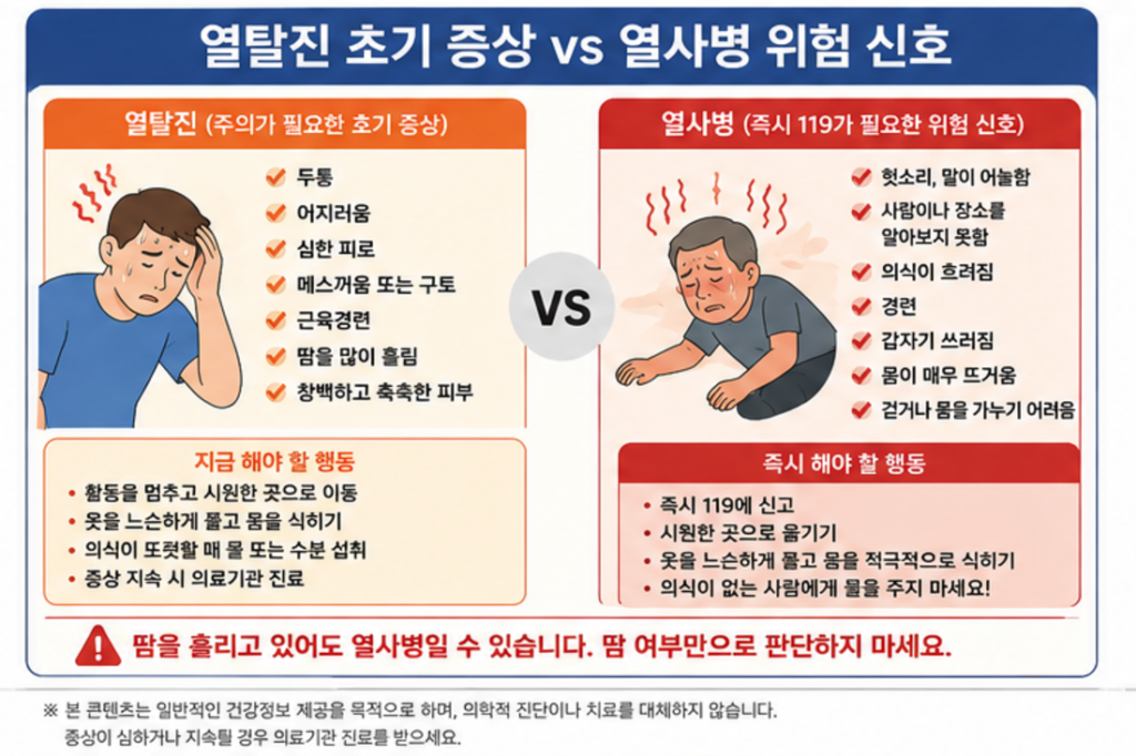열탈진 초기 증상과 열사병 위험 신호 비교