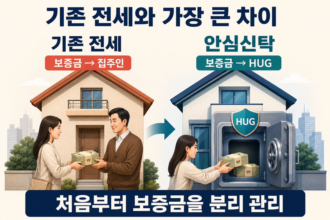 기존 전세와 전월세 안심신탁의 보증금 관리 방식 비교