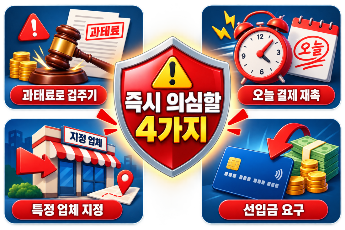 과태료 협박 오늘 결제 재촉 특정 업체 지정 선입금 요구 등 사기 위험 신호