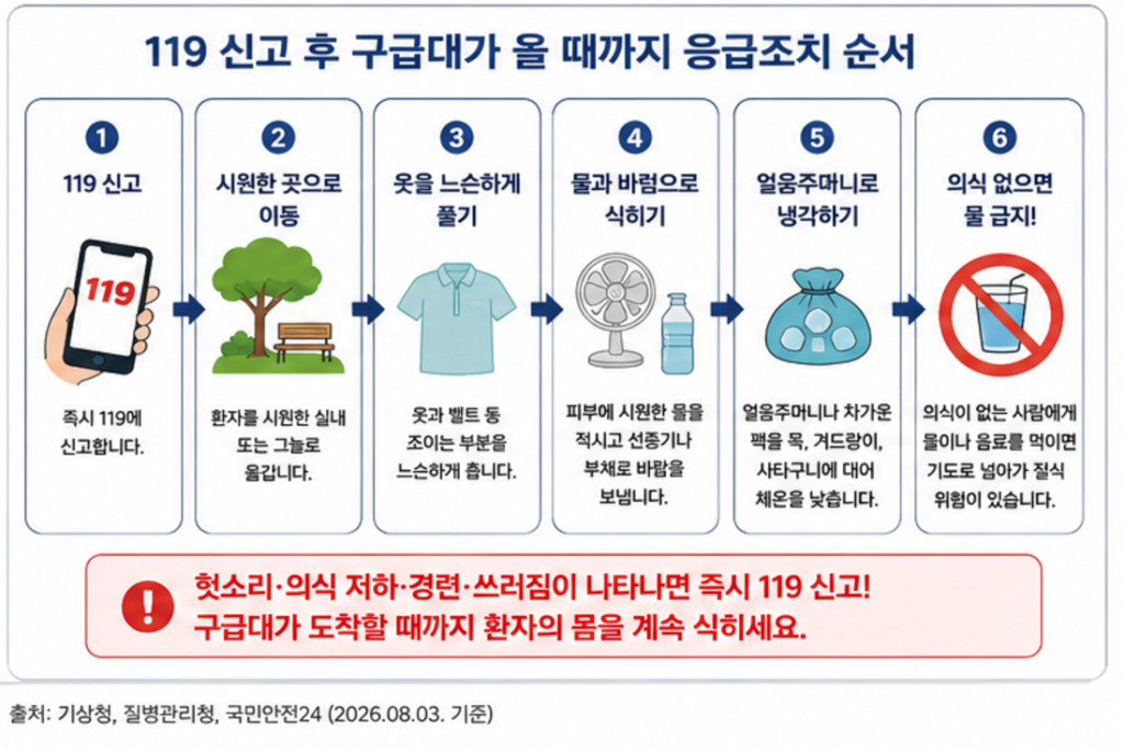 열사병 의심 환자 119 신고 후 응급조치 순서