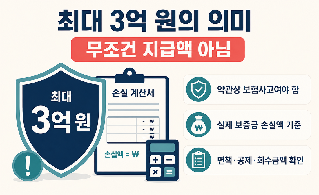 최대 3억 원 보상한도와 실제 손실액 및 면책 조건 설명