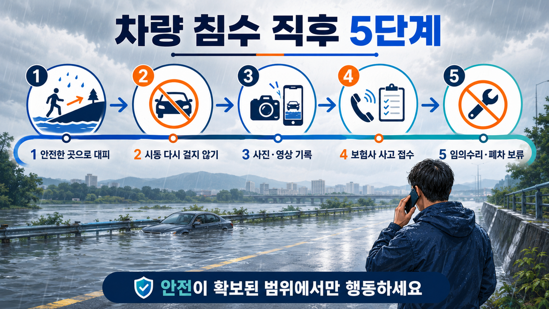 차량 침수 직후 대피 시동 금지 사진 기록 보험 접수 임의수리 보류 5단계
