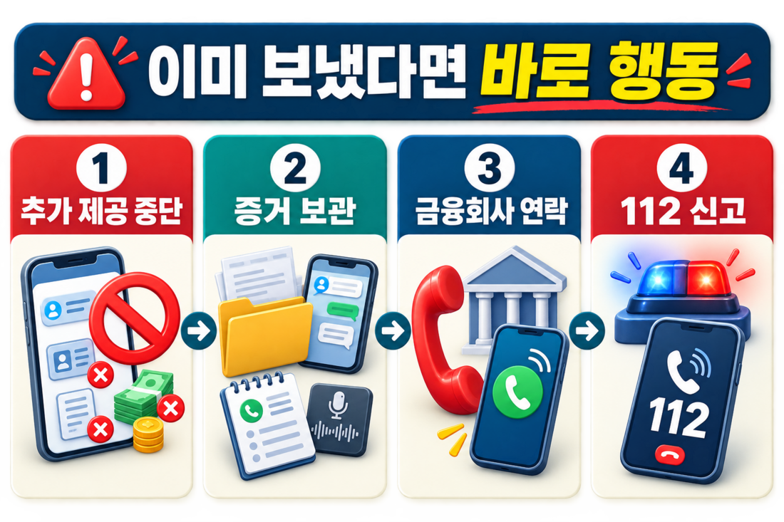 자료나 돈을 보낸 뒤 추가 제공 중단 증거 보관 금융회사 연락 112 신고 순서