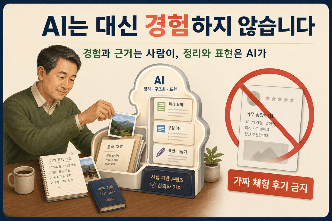 AI는 사람을 대신해 경험하지 않으며 가짜 체험 후기를 만들면 안 된다는 블로그 원칙