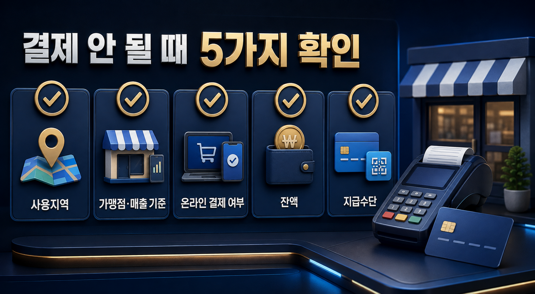 민생지원금 결제가 안 될 때 사용지역, 가맹점, 온라인 결제, 잔액, 지급수단을 확인하는 이미지