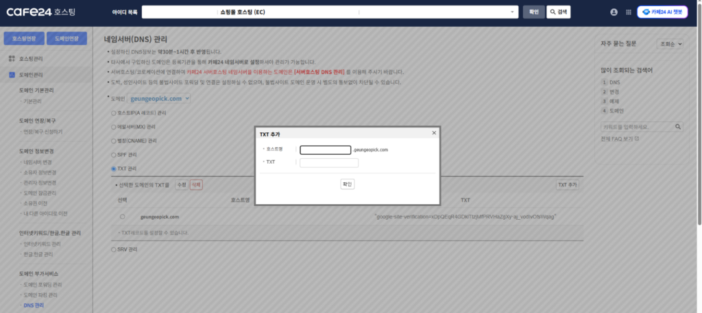 카페24 DNS에 구글 서치콘솔 인증용 TXT 레코드를 추가하는 화면