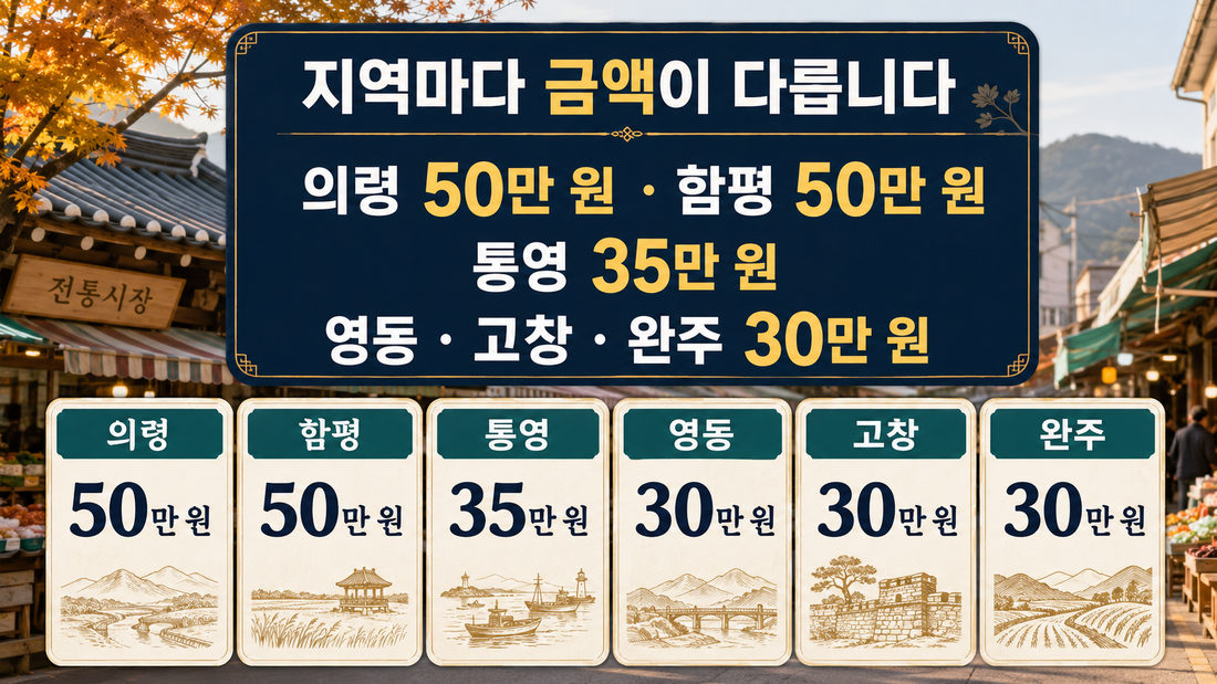 의령 함평 50만원 통영 35만원 영동 고창 완주 30만원