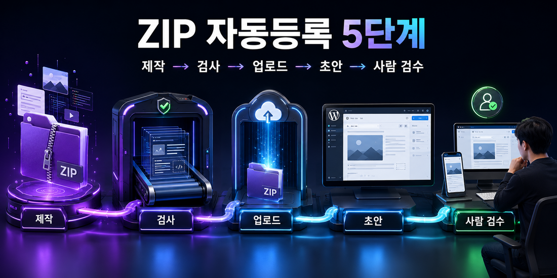 워드프레스 ZIP 자동등록 제작 검사 업로드 초안 사람 검수 5단계