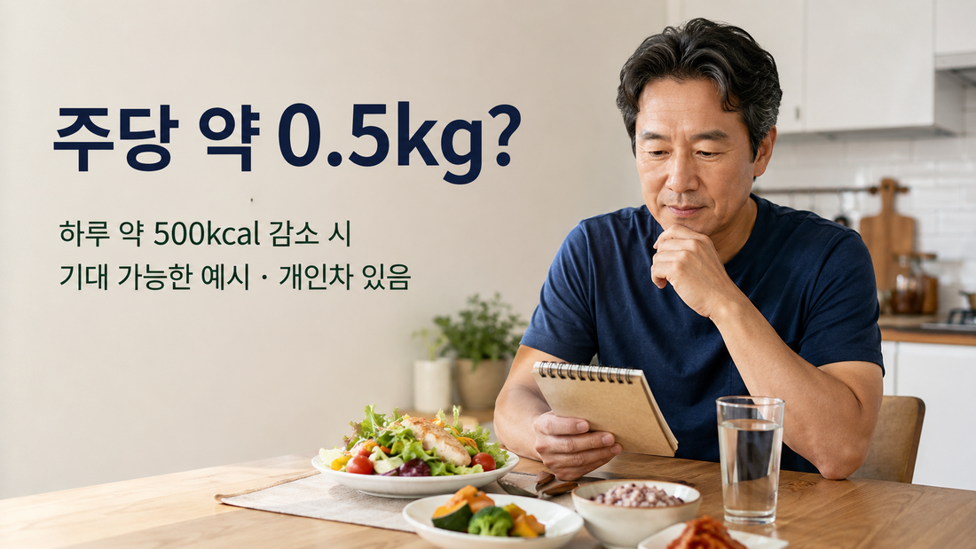 하루 500kcal 감소와 주당 약 0.5kg 감량 예상 예시를 확인하는 남성