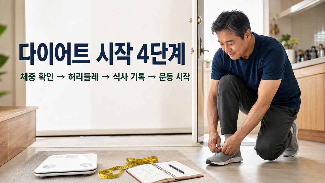 체중계 줄자 식사기록장 운동화를 준비한 건강한 다이어트 시작 장면