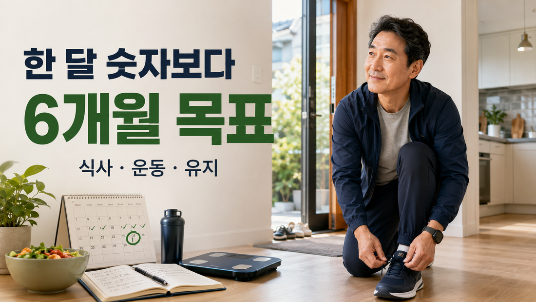 식사기록 체중계 운동화를 준비하며 6개월 체중관리 계획을 시작하는 남성