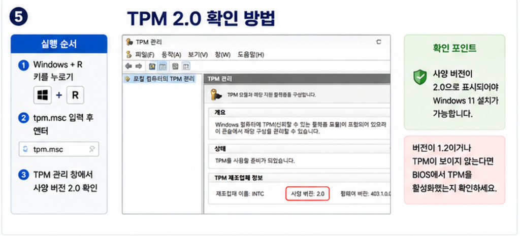 tpm.msc로 TPM 2.0 상태와 사양 버전을 확인하는 방법