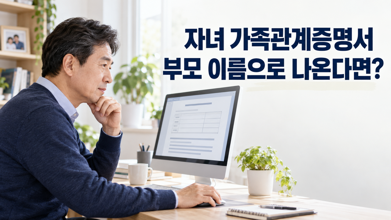 자녀 가족관계증명서 발급 화면을 확인하는 부모