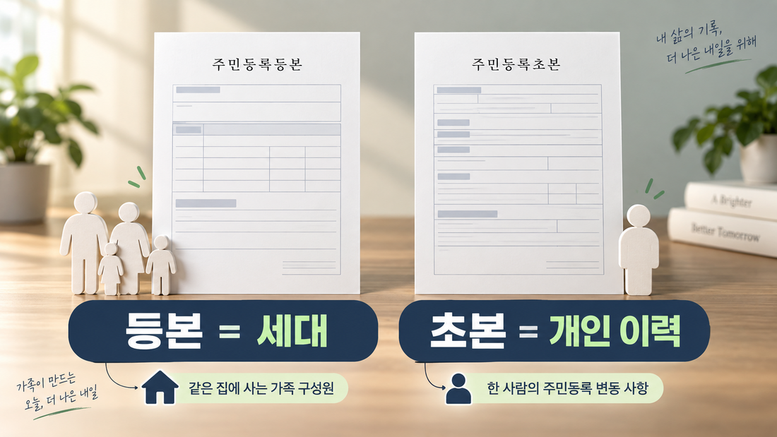 주민등록등본은 세대 초본은 개인 이력을 확인한다는 비교 이미지